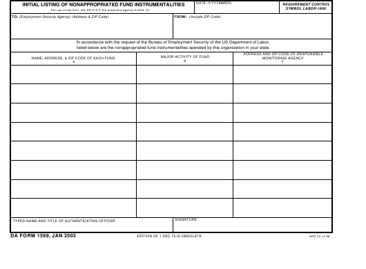 DA Form 1599 form preview