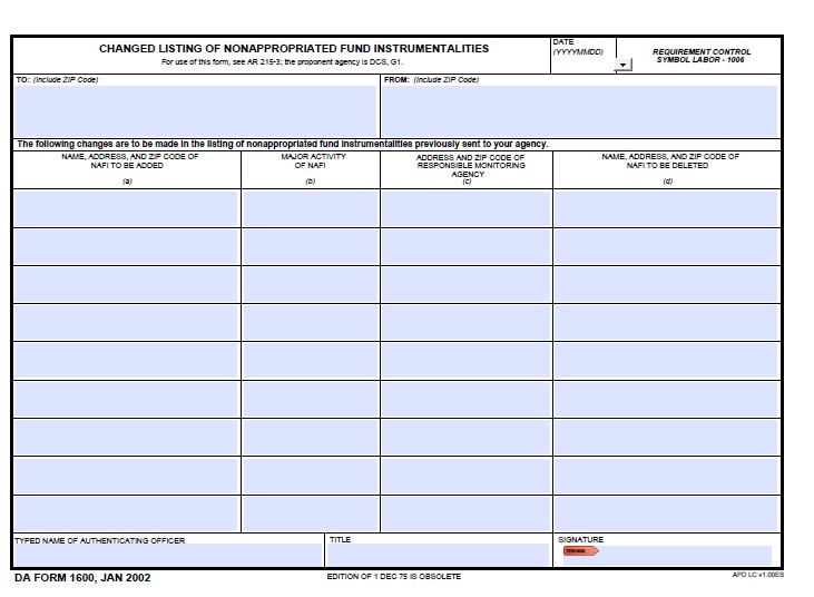 DA Form 1600 form preview