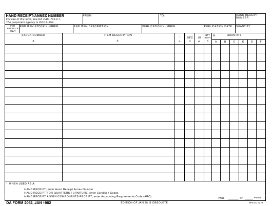 DA Form 2062 form preview
