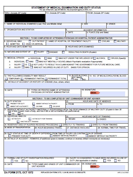 DA Form 2173 form preview