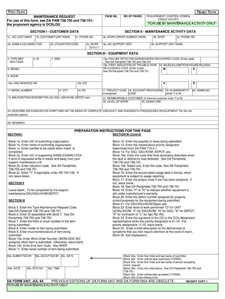 DA Form 2407 form preview