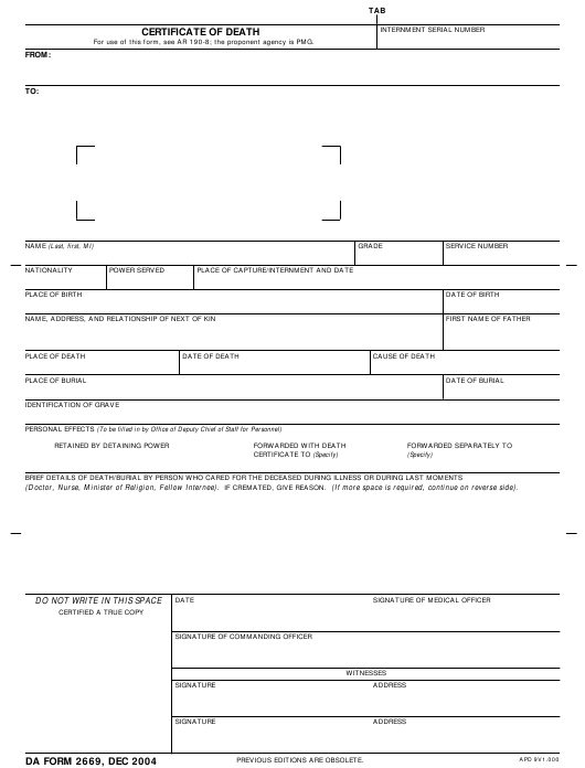 DA Form 2669 form preview