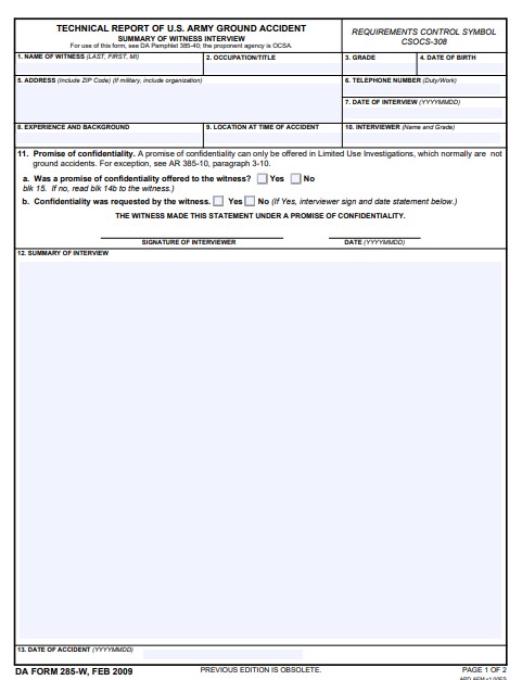 DA Form 285-W form preview