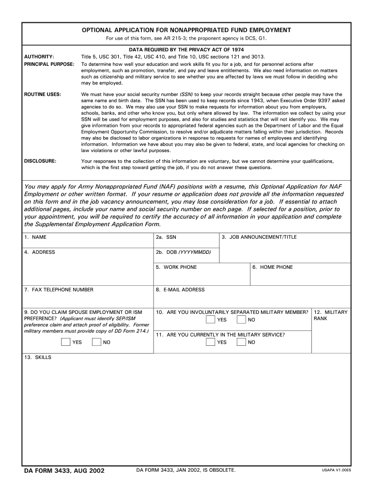 DA Form 3433 form preview