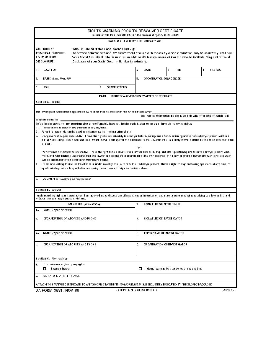 DA Form 3881 form preview