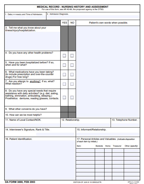 DA Form 3888 form preview