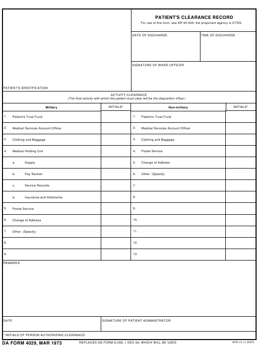DA Form 4029 form preview