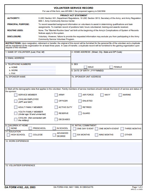 DA Form 4162 form preview