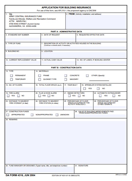 DA Form 4316 form preview