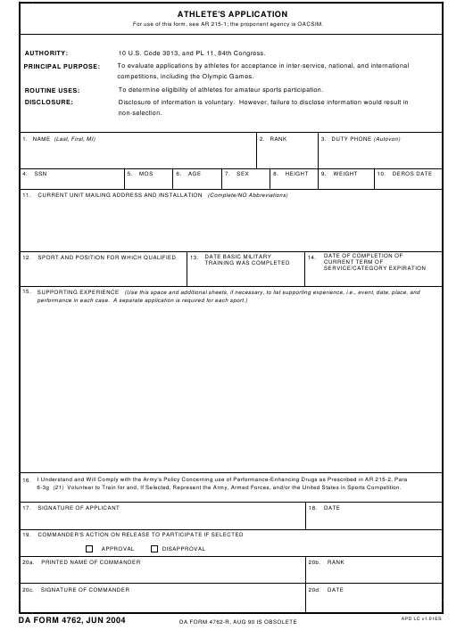 DA Form 4762 form preview