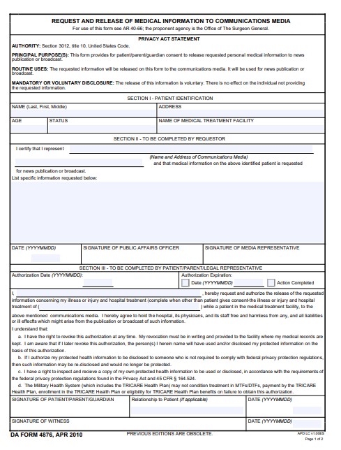 DA Form 4876 form preview