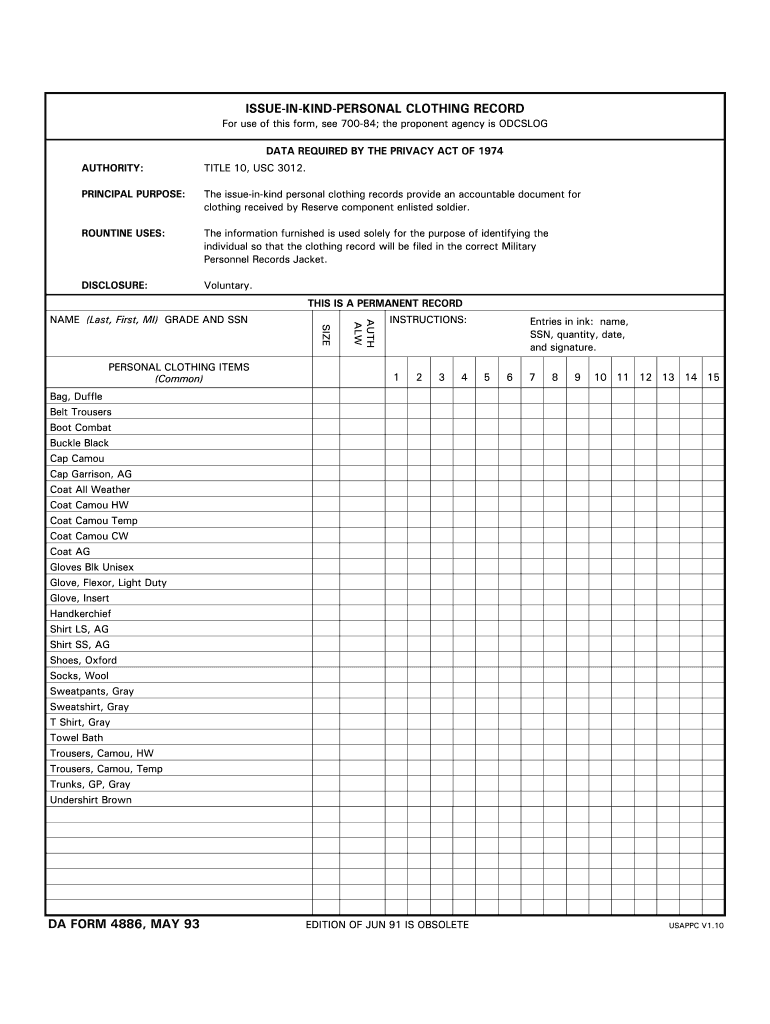 DA Form 4886 form preview