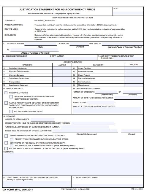 DA Form 5070 form preview