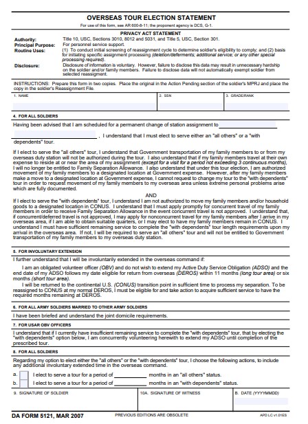 DA Form 5121 form preview