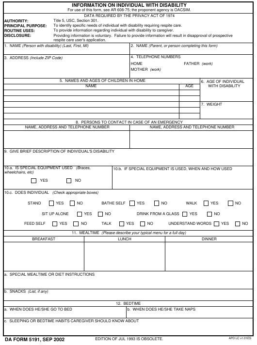 DA Form 5191 form preview