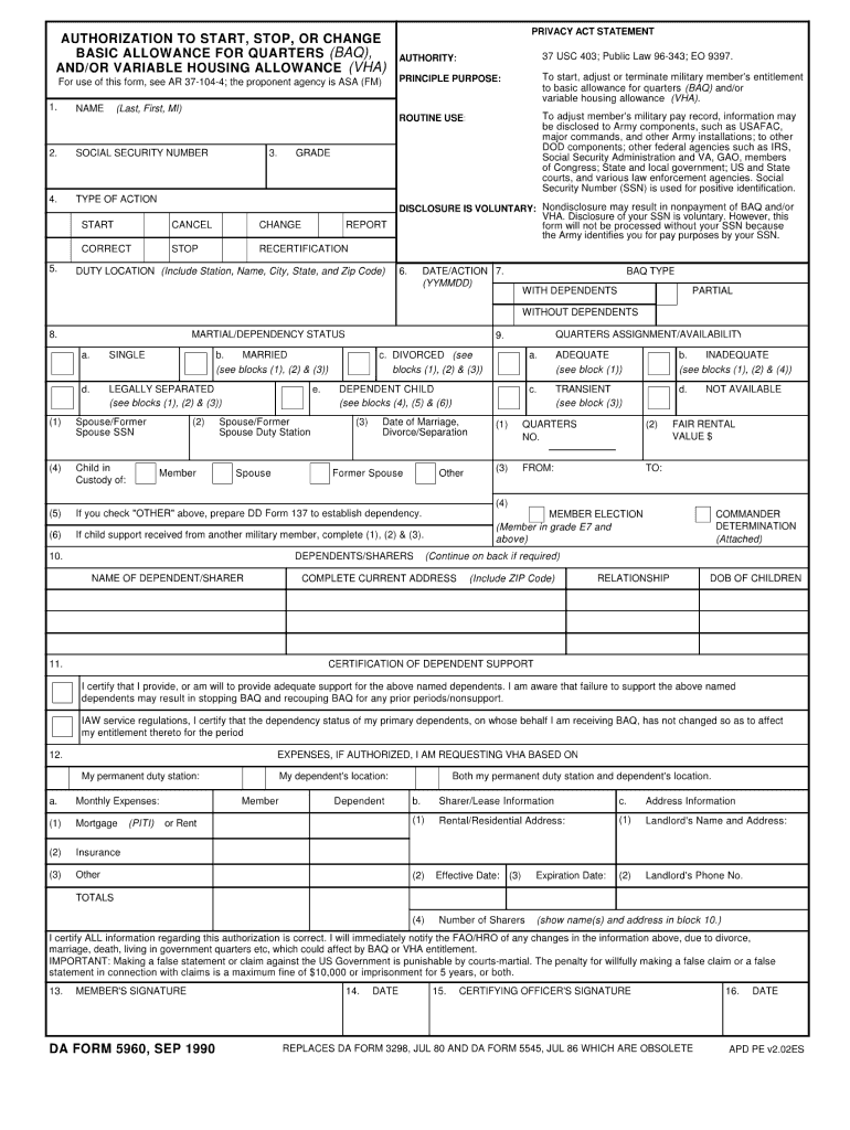 DA Form 5960 form preview