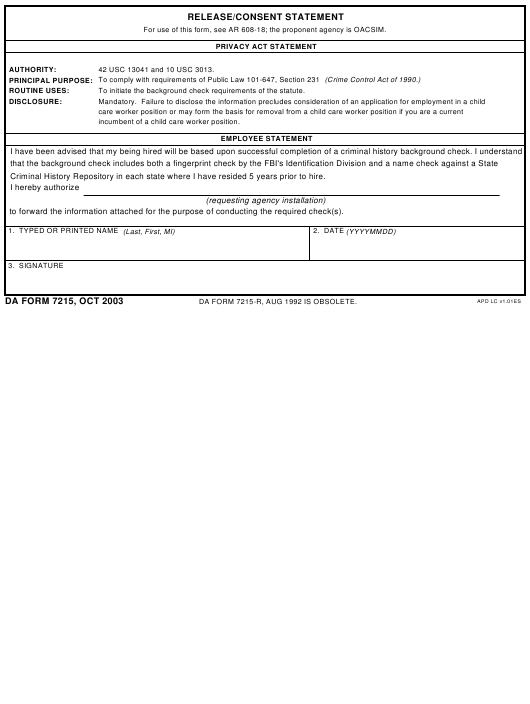 DA Form 7215 form preview