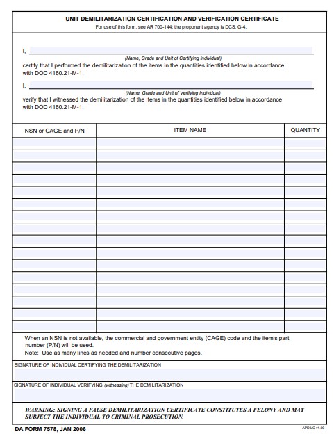 DA Form 7578 form preview