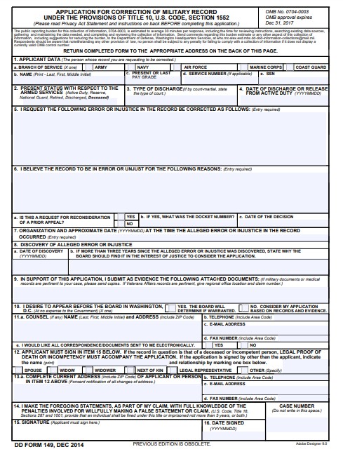 DD Form 149 form preview