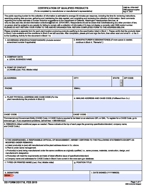 DD Form 1718 form preview