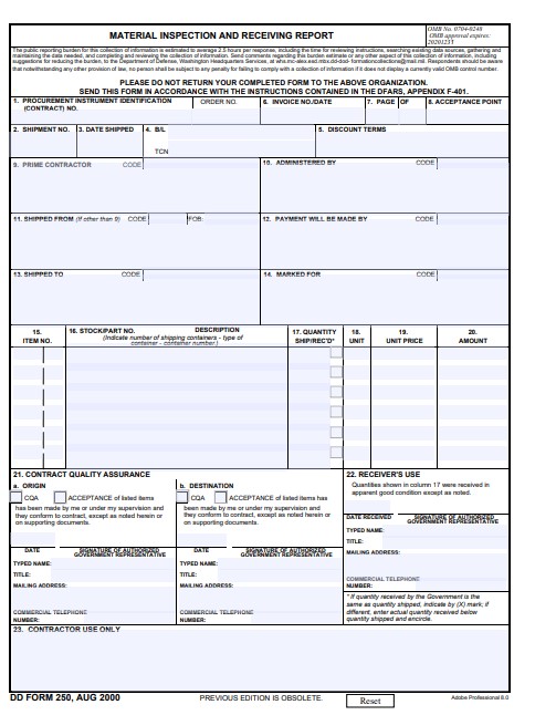 DD Form 250 form preview