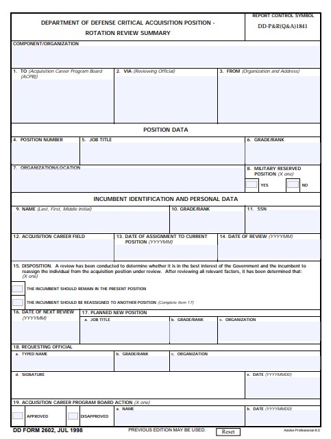 DD Form 2602 form preview
