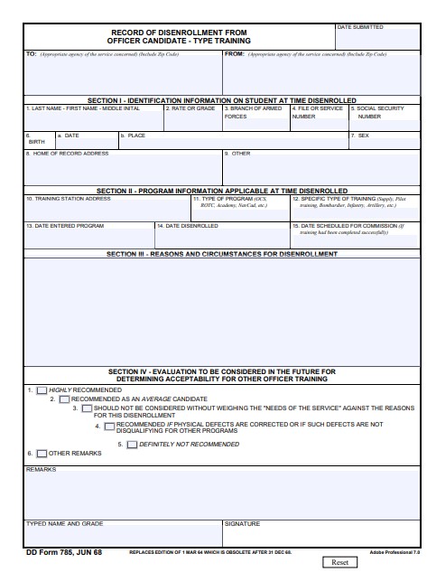 DD Form 785 form preview